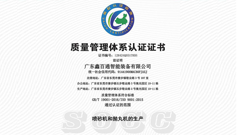 获得ISO9001质量管理系统认证喷砂机抛丸机厂家